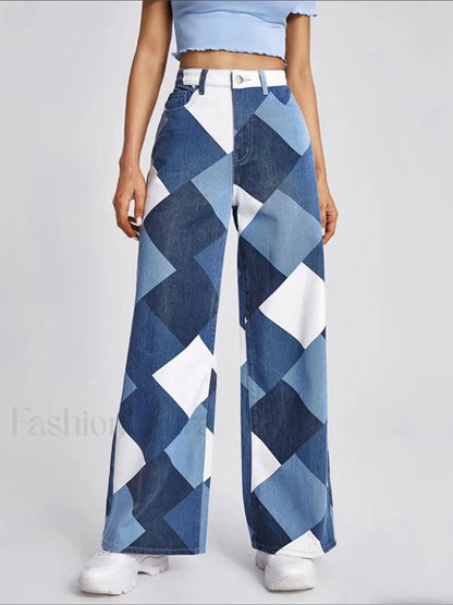 Color Block Argyle Print Wide Leg Jeans