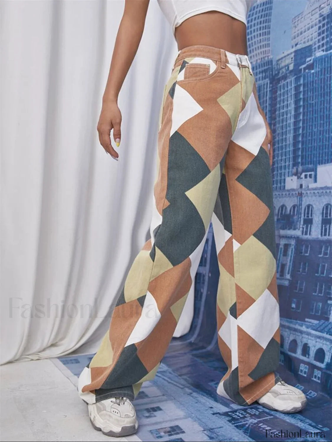 Color Block Argyle Print Wide Leg Jeans