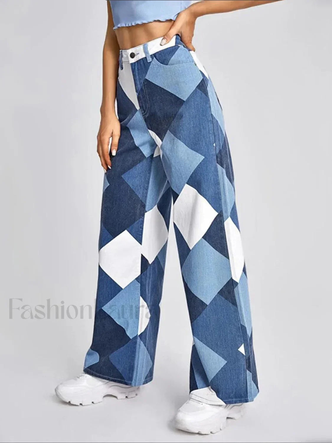 Color Block Argyle Print Wide Leg Jeans