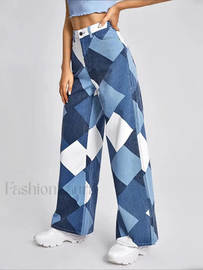 Color Block Argyle Print Wide Leg Jeans