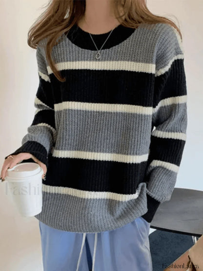Color Block Striped Knit Sweater