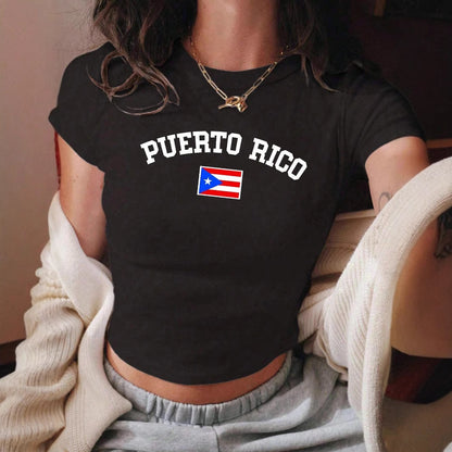 Camiseta corta informal de verano, ajustada, de manga corta y con estampado de letras campestres