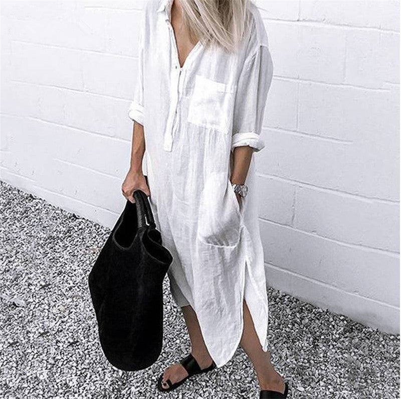 Women Casual Work Solid Color Side-slit Long Sleeves Lapel Shirt Dress