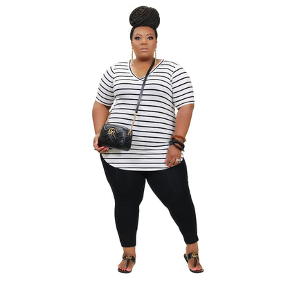 Women Casual Plus Size Stripe Printed Short Sleeves Top And Solid Color Skinny Pants Set
