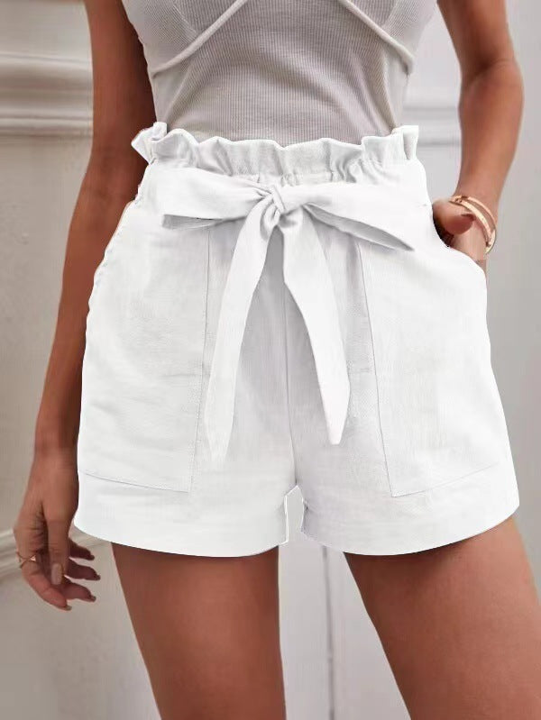 Women Casual Solid Color High Waist Bowknot Lace-Up Loose Shorts