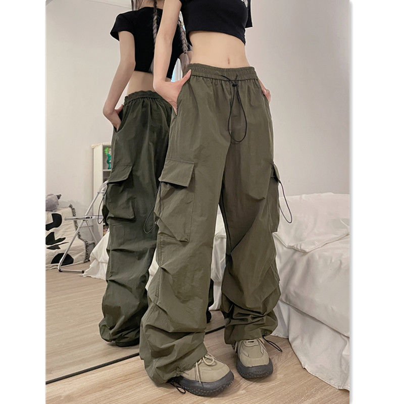 Retro Casual Women Straight Loose Wide-Leg Solid Color Side Pocket Cargo Pants