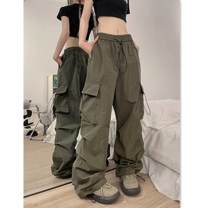 Retro Casual Women Straight Loose Wide-Leg Solid Color Side Pocket Cargo Pants