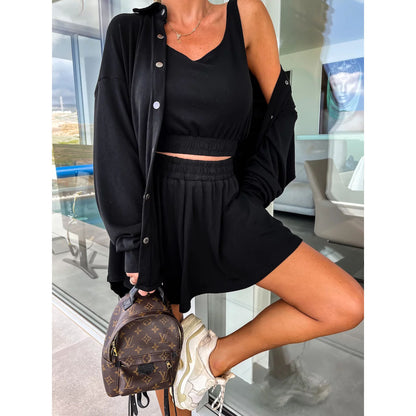 Conjunto de tres piezas de camisa de manga larga y blusa holgada de color liso informal de calle para mujer