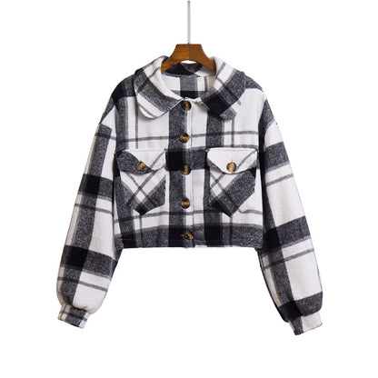 Women Elegant Casual Long-Sleeved Single-breasted Plaid Lapel Color Blocking Shacket