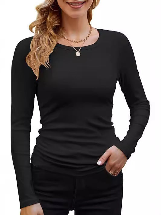 Camiseta informal de manga larga con cuello redondo y ribete de color liso para mujer
