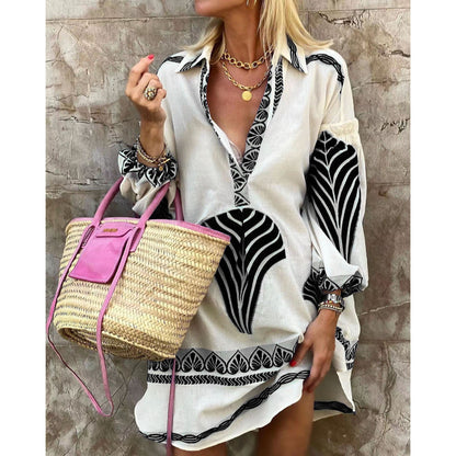Vestido informal de manga larga con estampado geométrico y escote en V para mujer