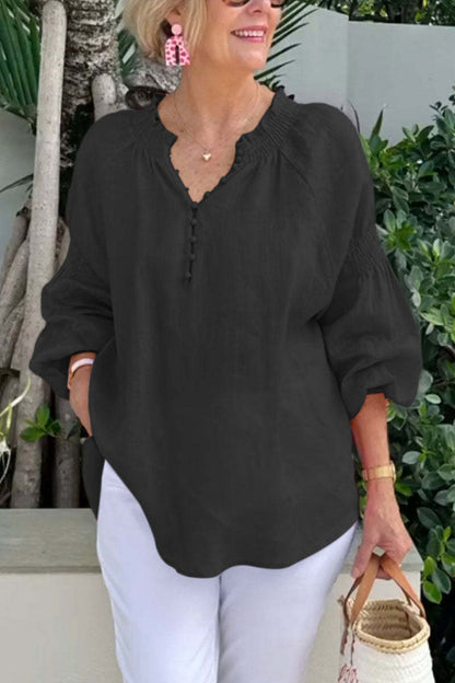 Blusa informal de algodón y lino de color liso con cuello en V y manga larga para mujer