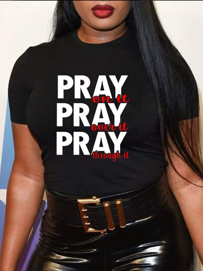 Camiseta informal holgada de talla grande para mujer, cuello redondo, manga corta, estampado gráfico de palabra "pray"