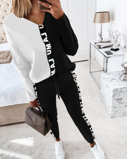 Conjunto deportivo informal para mujer, con estampado de letras en colores contrastantes, camiseta de manga larga con cuello en V y pantalones pitillo