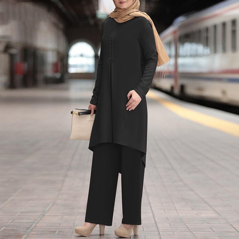 Conjunto informal de abaya de color liso con manga larga y encaje para mujer