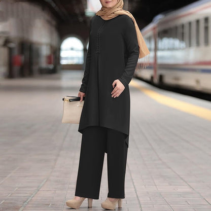 Conjunto informal de abaya de color liso con manga larga y encaje para mujer