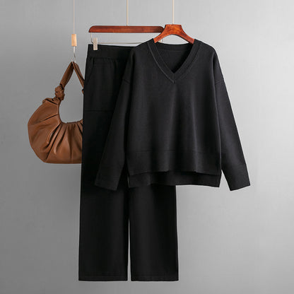 Autumn Winter Women Fashion Loose Casual Solid Color Sweater Pants Two-Piece Set