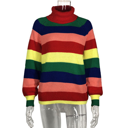 Women Fashion Casual Color Blocking Stripe High Collar Long Sleeve Sweater