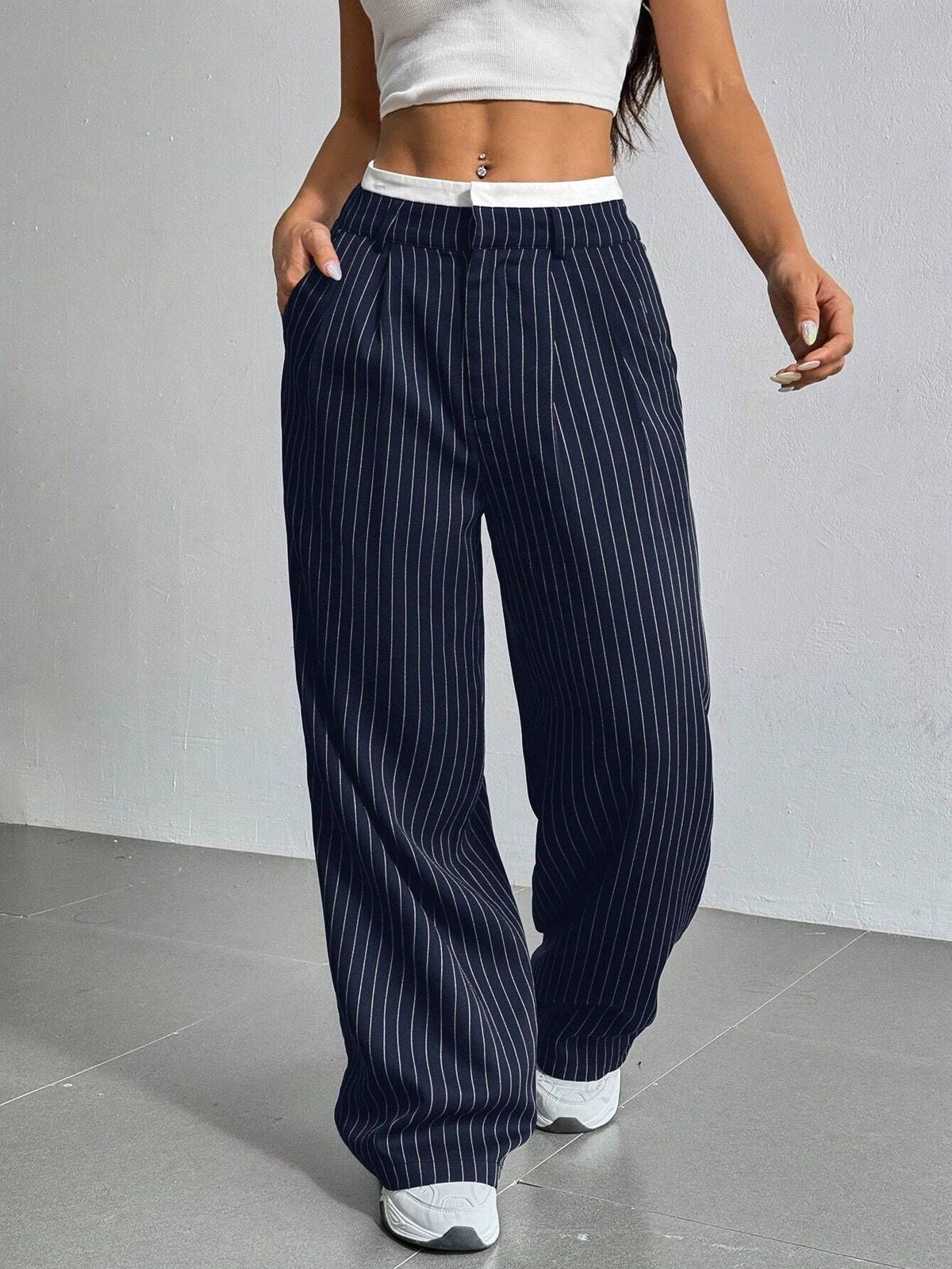 Women Casual Solid Color Stripe High Waist Loose Pants