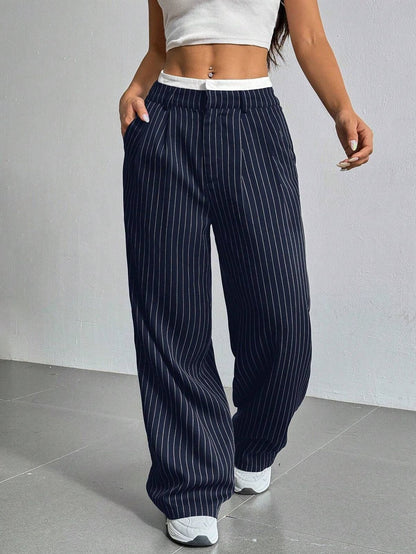 Women Casual Solid Color Stripe High Waist Loose Pants