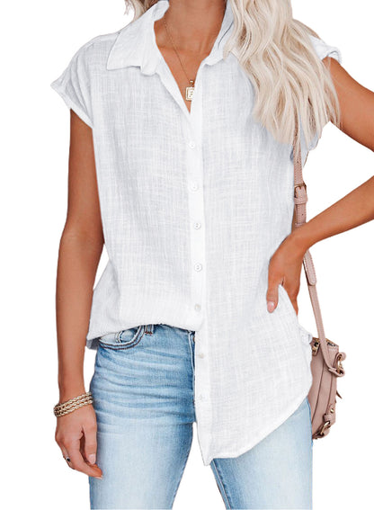 Blusa informal holgada de color liso con solapa y botonadura sencilla sin mangas para mujer