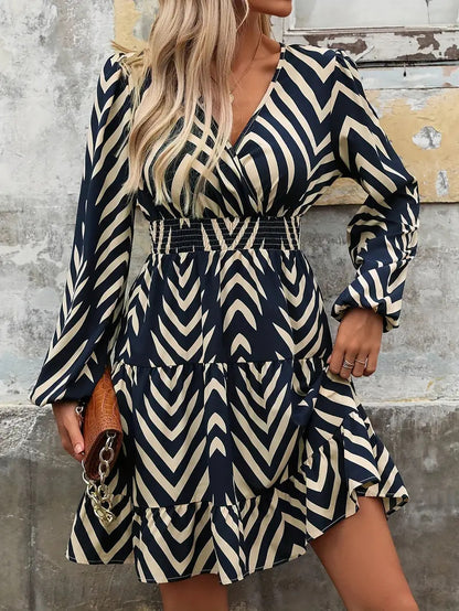 Women Fashion Casual Printed Stripe Ruffled V-Neck Long-Sleeve Dress