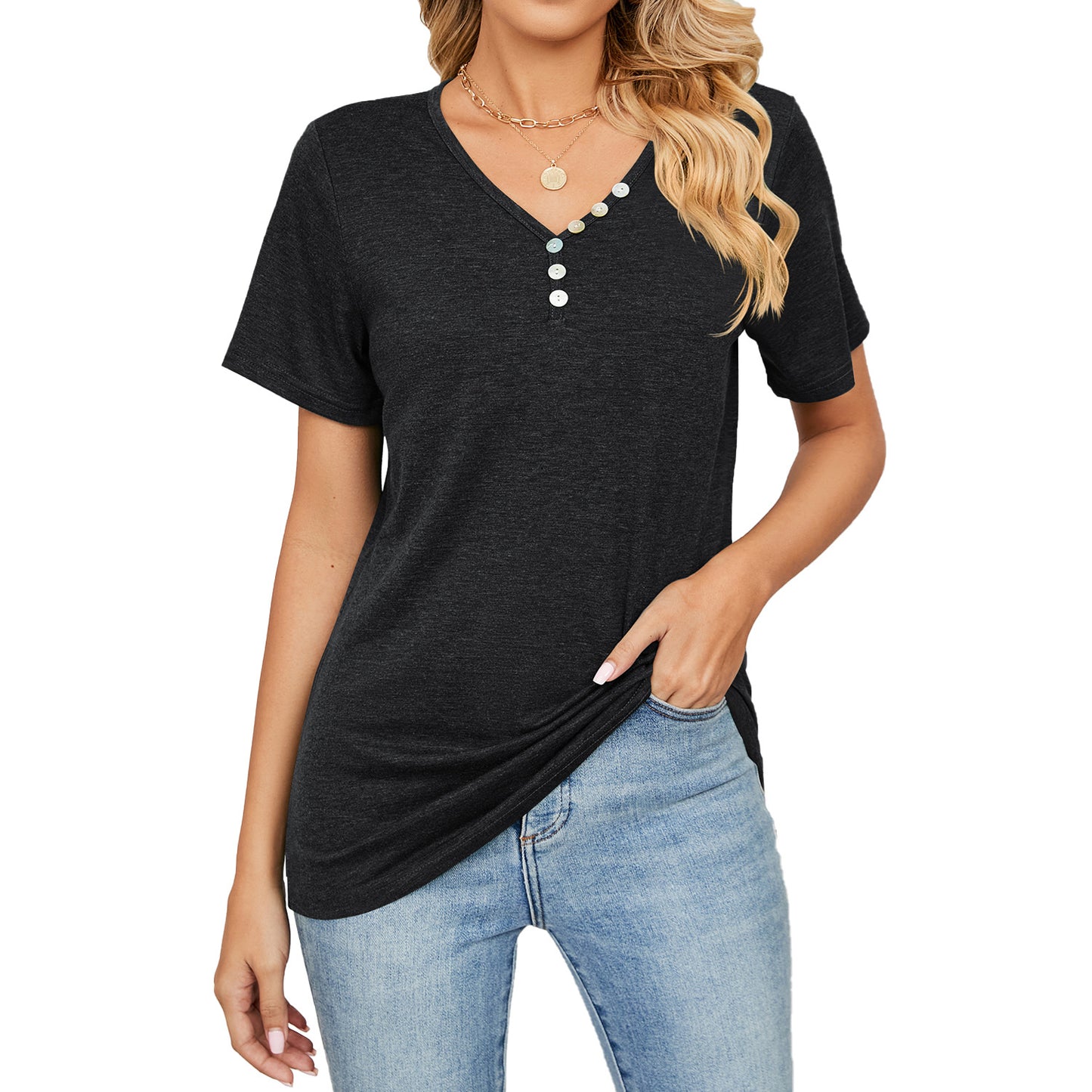 Camiseta informal holgada de manga corta con botones y cuello en V para mujer