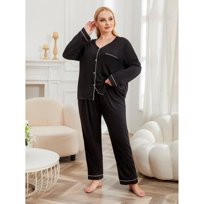 Conjunto de pijama informal para mujer, de talla grande, color liso, manga larga, con top y pantalón de botonadura sencilla