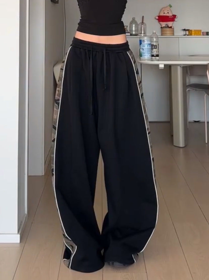Women Fashion Casual Camouflage Stitching Drawstring Loose Pants