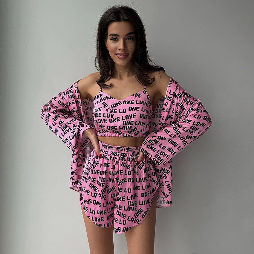 Conjunto de pijama informal con estampado de letras para mujer, camisola tipo cárdigan, top y pantalones cortos para el hogar