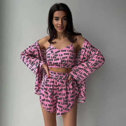Conjunto de pijama informal con estampado de letras para mujer, camisola tipo cárdigan, top y pantalones cortos para el hogar