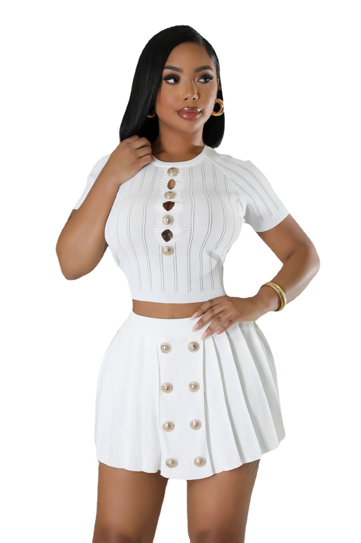 Women Fashion Casual Stretch Knitted Round Neck Short Sleeve Crop Top Skirt Two-Piece Set