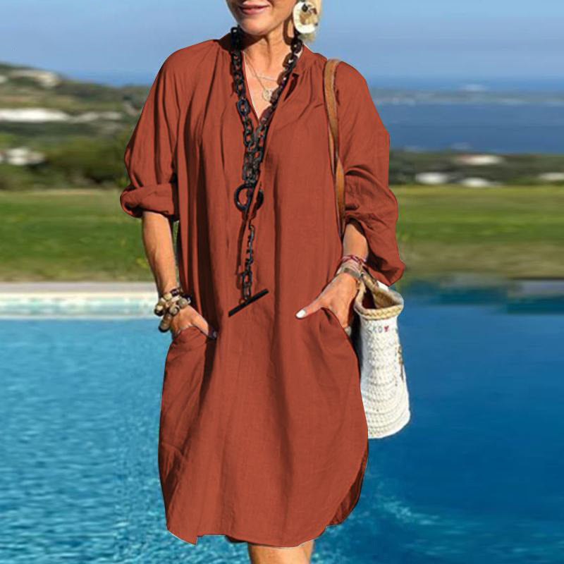 Fashion Casual Women Linen Solid Color Long-Sleeved V-Neck Loose Dress
