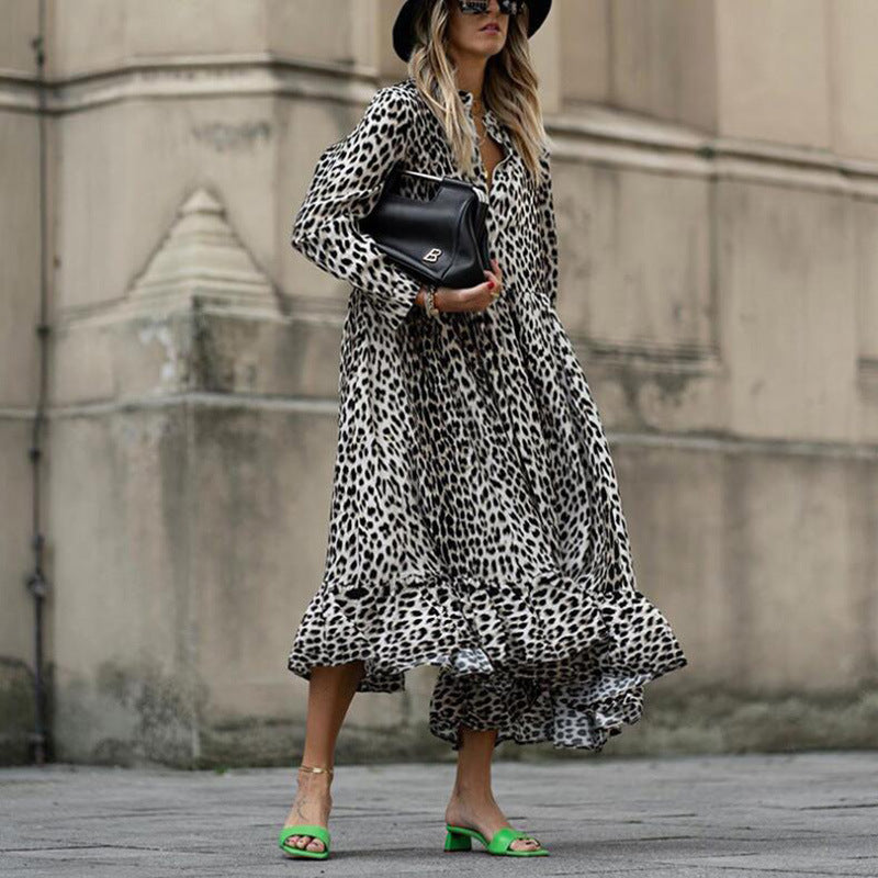 Vestido informal de manga larga con cuello en V y estampado de leopardo para mujer