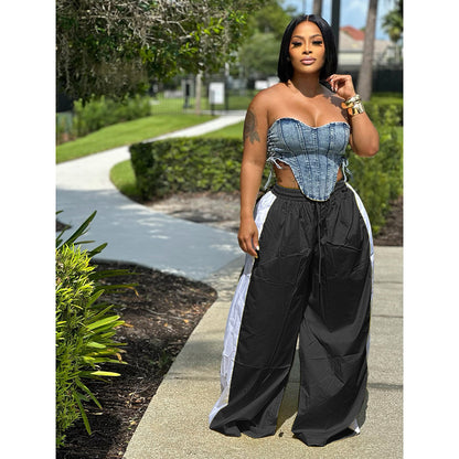 Women Fashion Casual Loose Contrast Color Stitching Wide Leg Pants