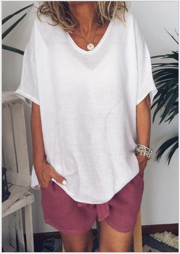 Camiseta informal de verano para mujer, color liso, cuello en V, manga corta, sin mangas