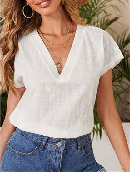 Blusa informal de verano para mujer, de color liso, holgada, de manga corta y cuello en V