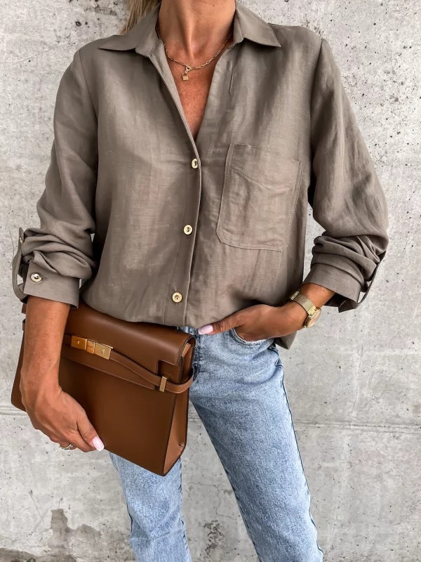 Blusa sencilla, básica, informal, de color liso, con cuello en V y solapa con botones para mujer