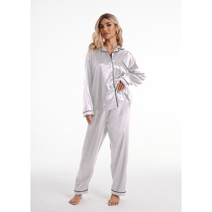 Conjunto de pijama de manga larga de seda helada con solapa informal y sencillo para mujer