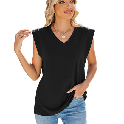 Camiseta informal holgada de manga corta con cuello en V y color liso para mujer