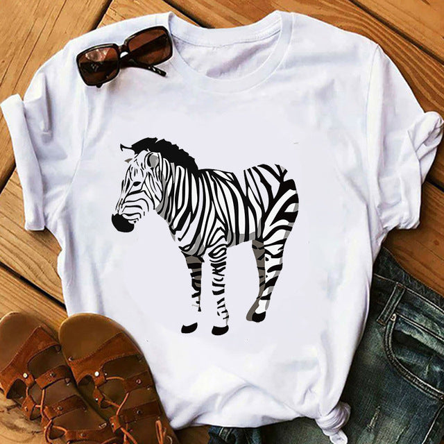 Camiseta informal de manga corta con estampado de cebra para mujer