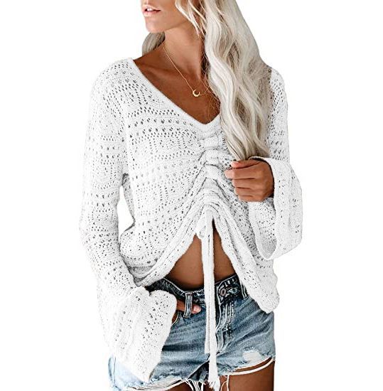 Women Casual Fashio V Neck Flare Long Sleeve Drawstring Knitted Sweater