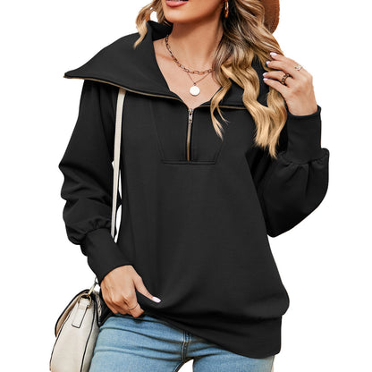 Autumn Winter Women Casual Solid Color Lapel Long Sleeve Blank Sweatshirt With Zipper