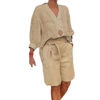 Conjunto de dos piezas para mujer, informal, de lino y algodón, holgado, con cuello en V, manga larga y pantalones cortos con cordones.