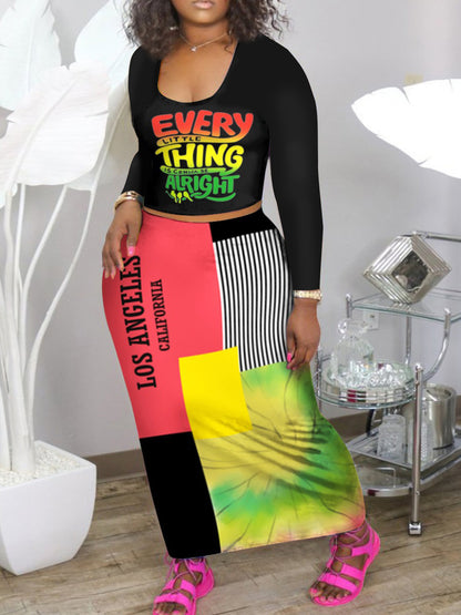 Conjunto de dos piezas formado por top y falda de manga larga, estampado de letras y rayas, informal, a la moda para mujer, talla grande