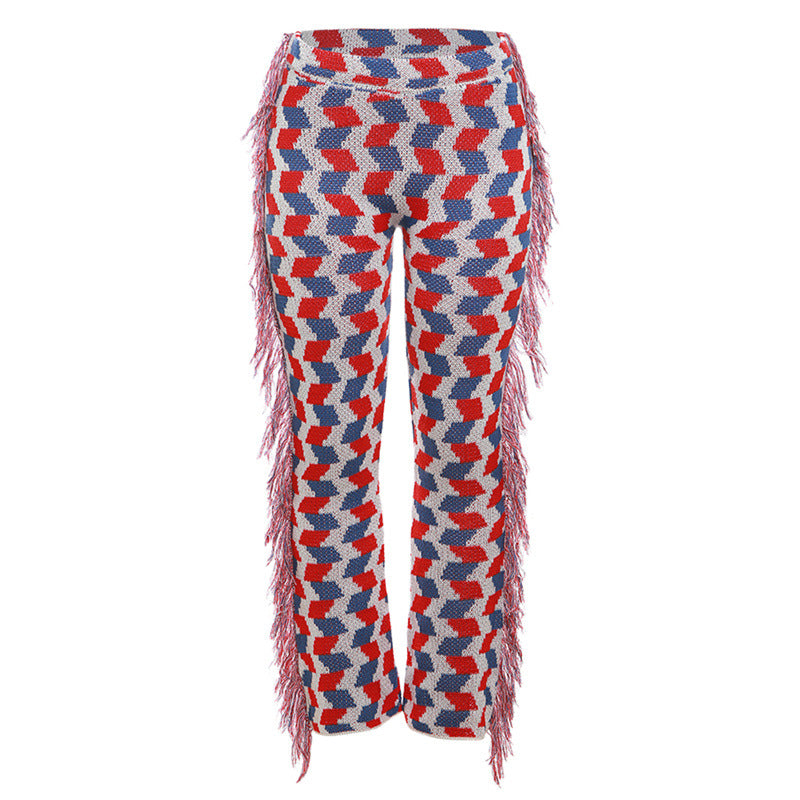 Women'S Casual High-Waisted Knit Tassel Color Contrast Flared Pants