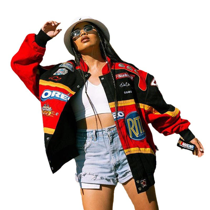 Women Fashion Casual Loose Letter Colorblock Print Long Sleeve Baseball Jacket