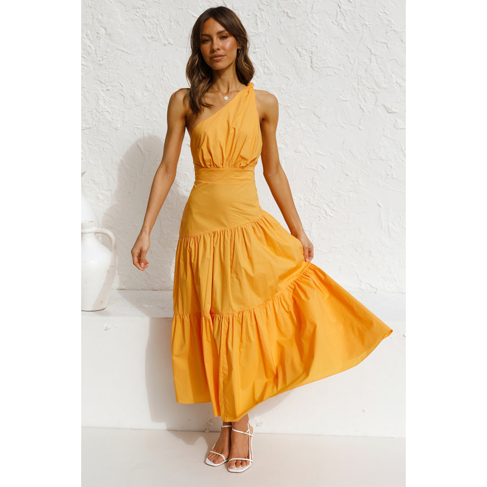 Women Fashion Vacation Floral Print Irregular One Shoulder Casual Maxi Dress