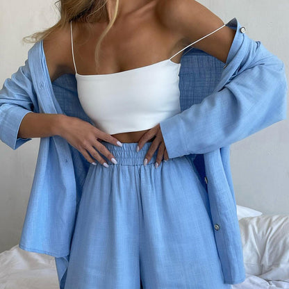 Traje informal holgado de dos piezas para mujer, de color liso, con camisa de solapa de manga larga y pantalones cortos, con botonadura sencilla