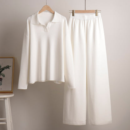 Conjunto de dos piezas de camiseta y pantalones de manga larga de punto con cuello polo informal para mujer